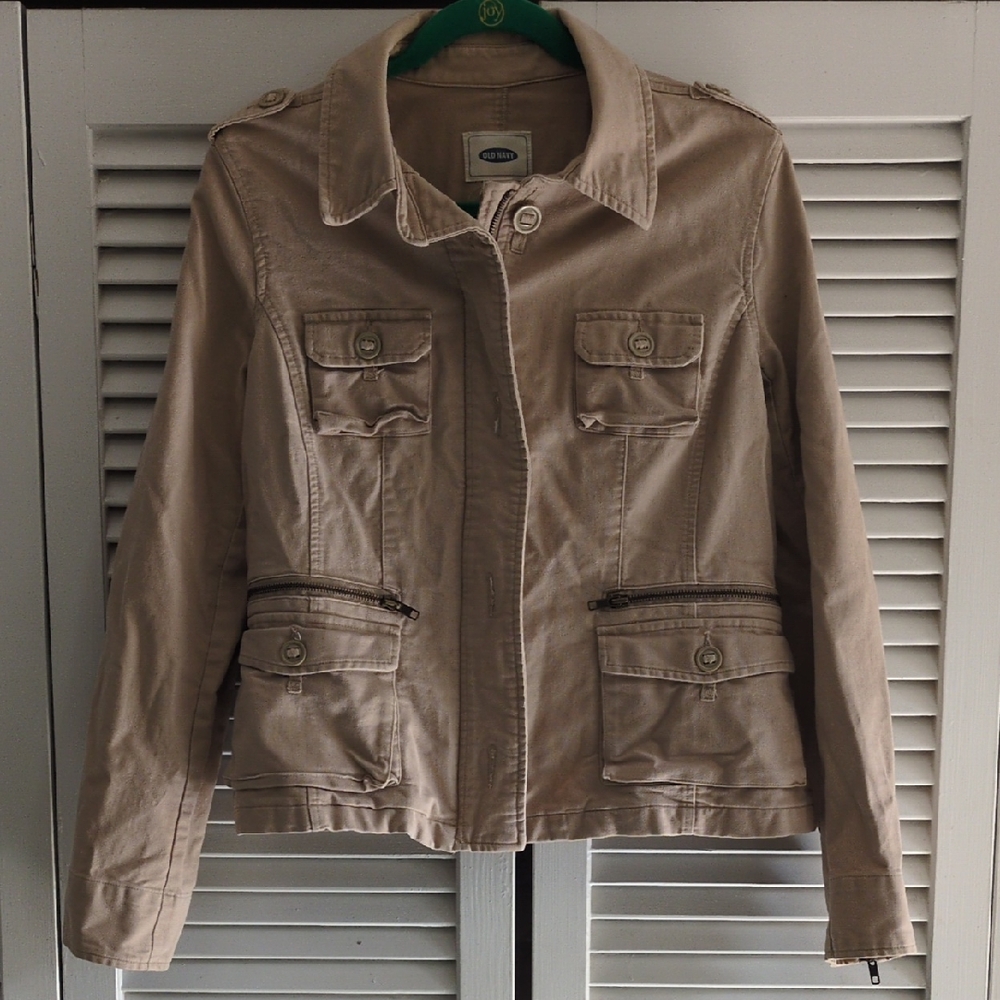 Vintage 90s Old Navy Slightly Cropped Safari Jacket Cotton Khaki Large